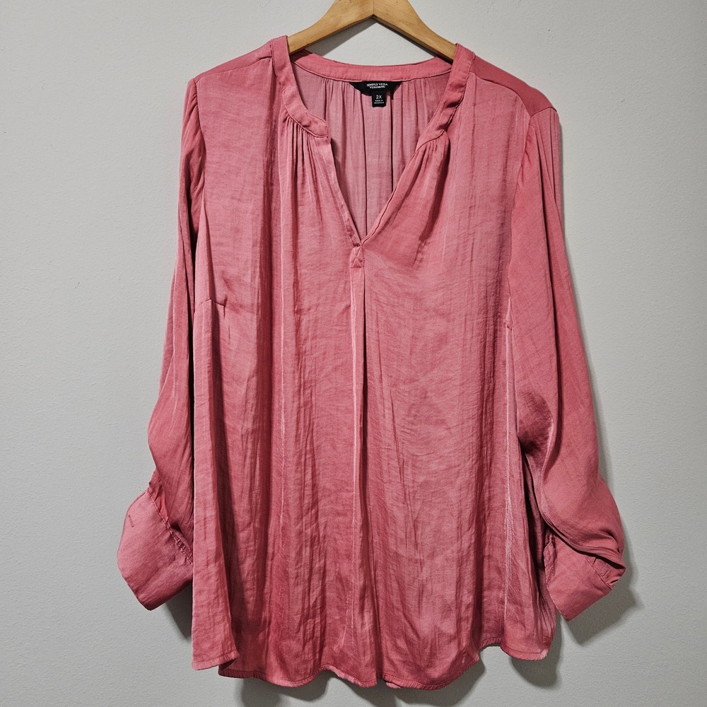 Simply Vera Vera Wang Dusty Rose Pink Split Neck Roll Tab Sleeve Blouse 2X